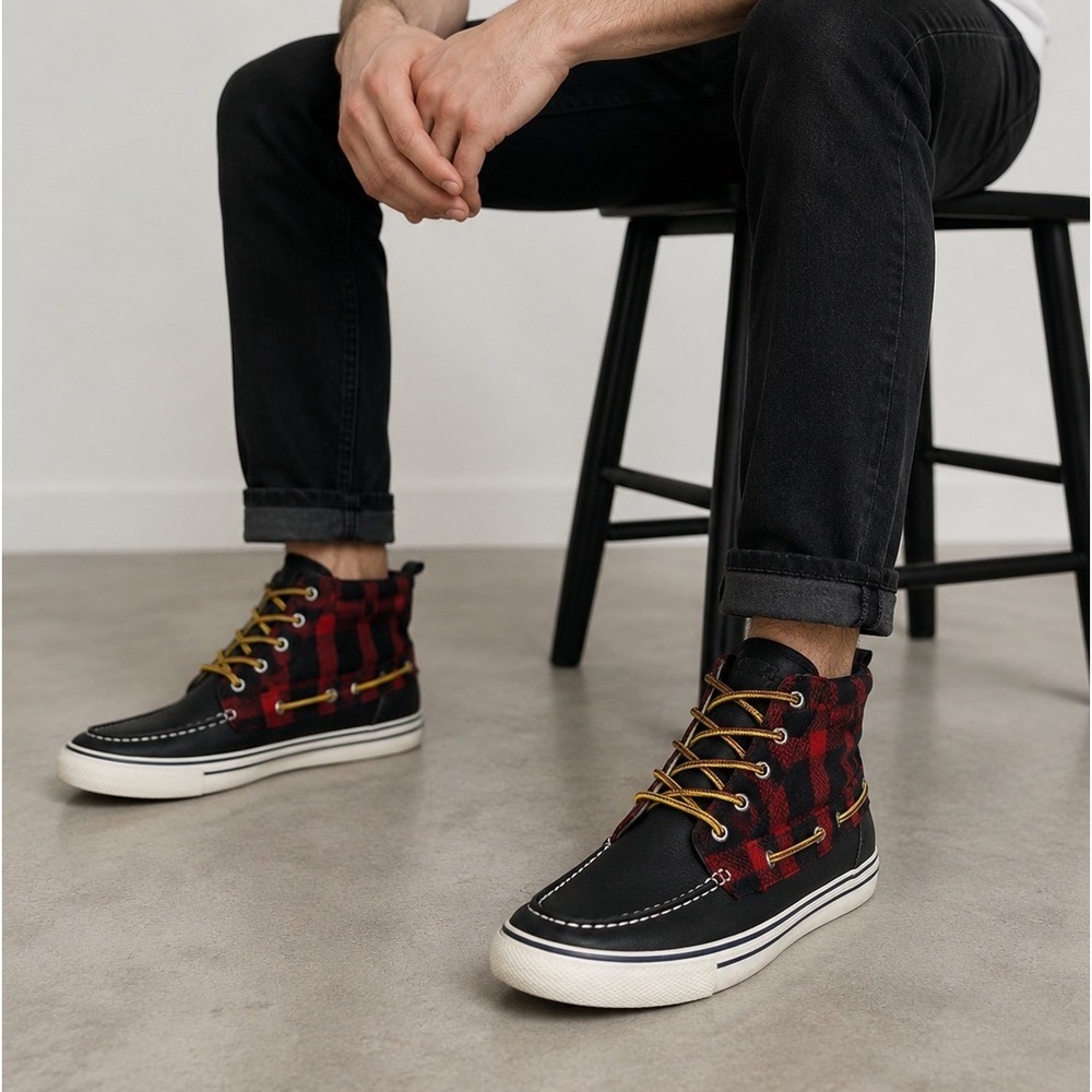 Sperry Top-Sider Mens Waterproof Buffalo Plaid Leather Chukka Boots Black Red